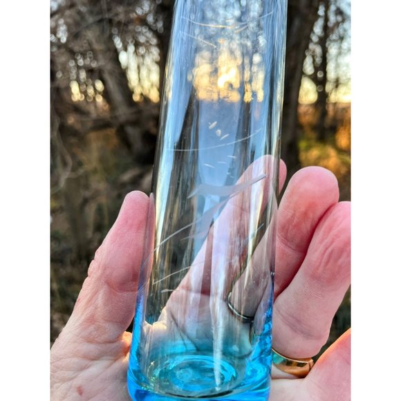 Vintage Turquoise Blue Clear Tint Etched Tall Bud Flower Vase 9.5" - Picture 7 of 14